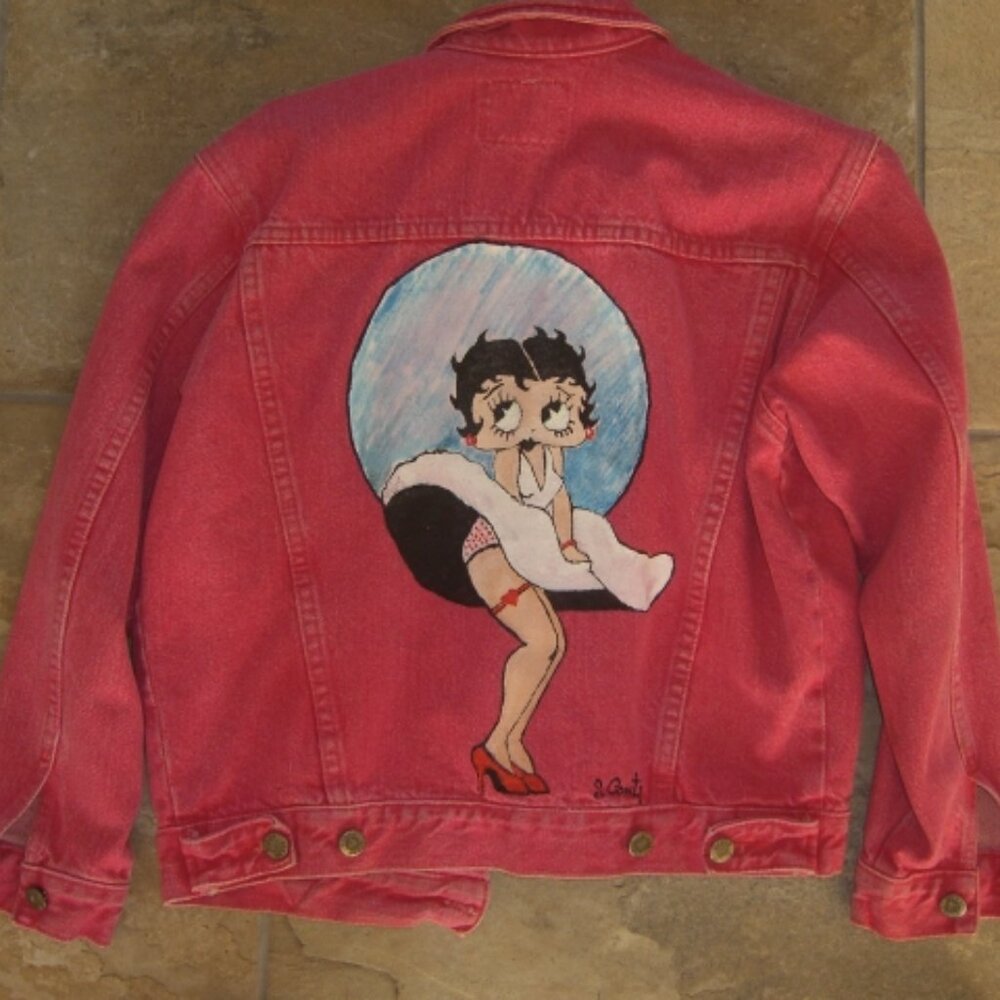 Guess Red Denim Jacket w/Betty Boop Graphic painted